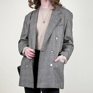 Vintage French Wool Double Breasted Plaid Blazer Jacket Coat Oversized 80s 90s